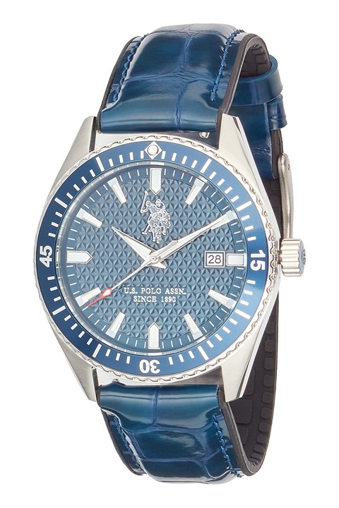 U.S. Polo Assn., Ceas cu afisaj hibrid si curea din piele, Albastru, Argintiu