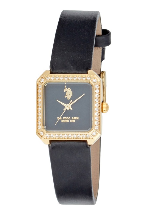 U.S. Polo Assn., Ceas cu logo si curea din piele, Auriu, Negru