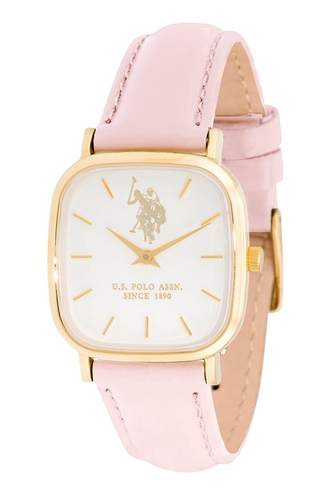 U.S. Polo Assn., Ceas cu logo si curea din piele, Auriu, Roz pastel
