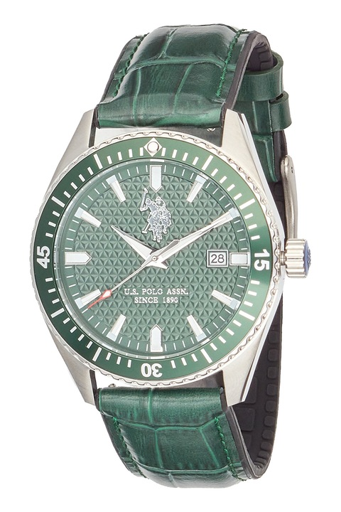 U.S. Polo Assn., Ceas cu afisaj hibrid si curea de piele, Verde, Auriu