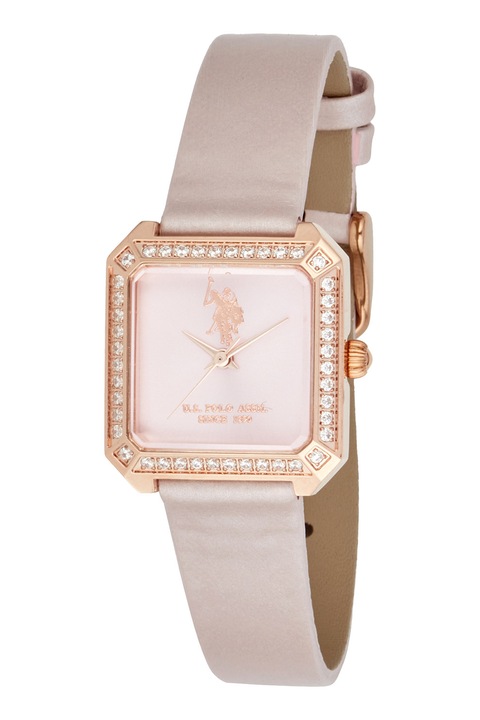U.S. Polo Assn., Ceas cu logo si curea de piele, Auriu rose, Roz pal