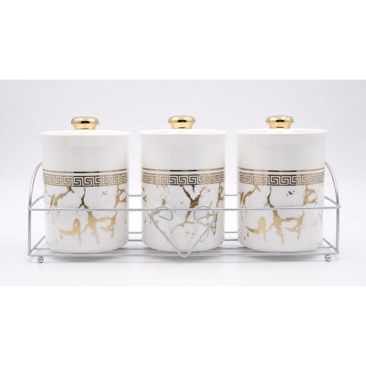Set 3 Cutii Ceramice cu Capac Auriu, Design Marmură Greacă, Suport Metalic Inclus, 300-500 ml