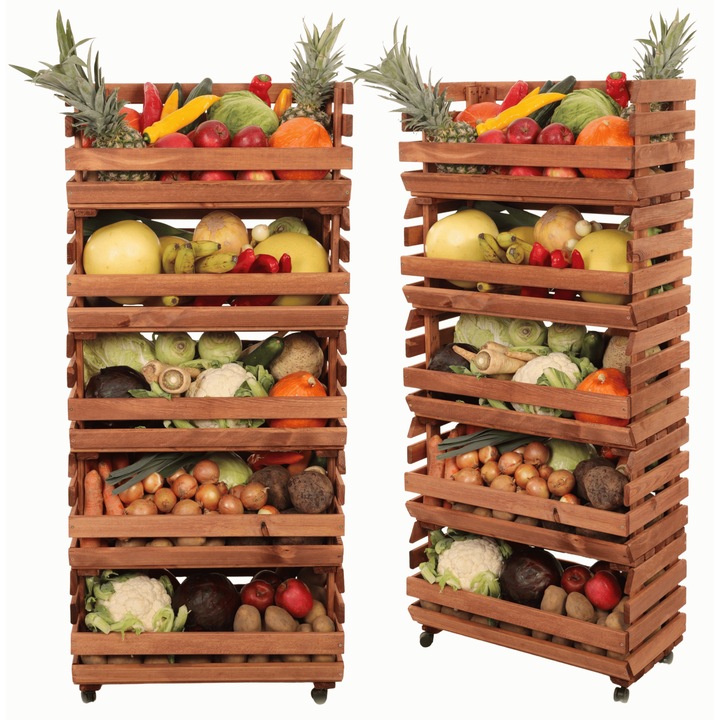 Raft modular pentru legume MODO24, 5 ladite, cu roti, 132x60x30cm, lemn, maro