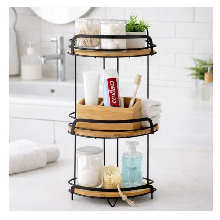 Etajera de Colt cu 3 Niveluri cu Suprafete din Bambus pentru Baie 27x20x63cm