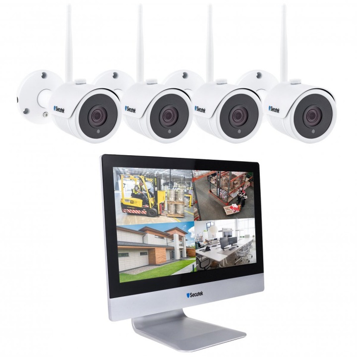 Kit camere supraveghere exterior profesionale WiFi Secutek SLG-WIFI3604M4FE200 - camere 4x2Mpix, NVR cu display