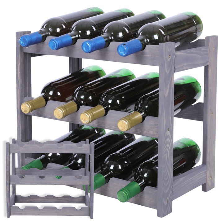 Suport pentru vin MODO24, regal din lemn de pin, 12 butelii, 38x43x25cm, gri