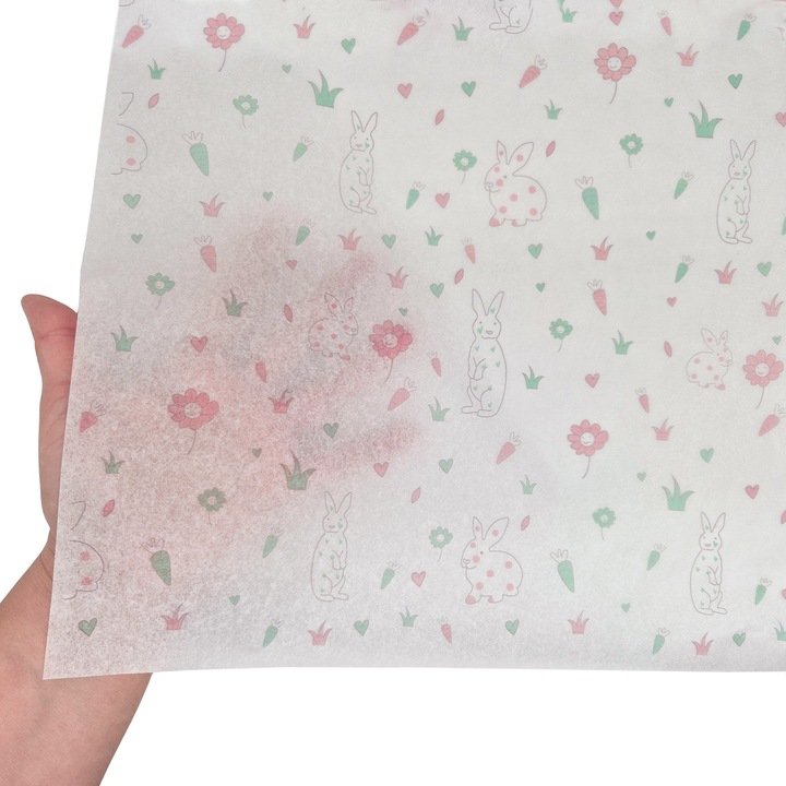 Set 200 bucati Hartie de matase model Paste Bunny & Pink Blooms 17g, 50 x 75cm