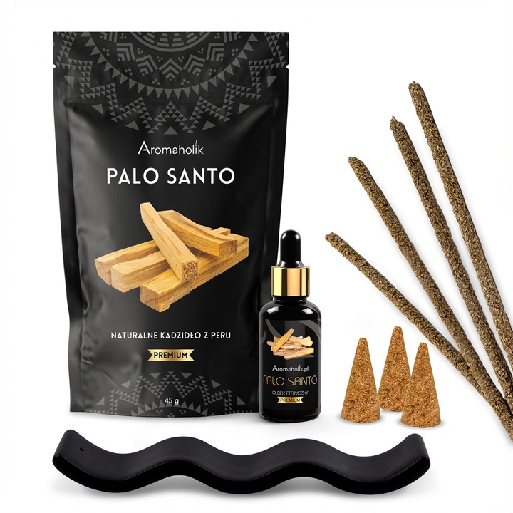Palo Santo Aromaholik szett, fekete tartó, illatos füstölők, kúpok, illóolaj, 45g, 30ml