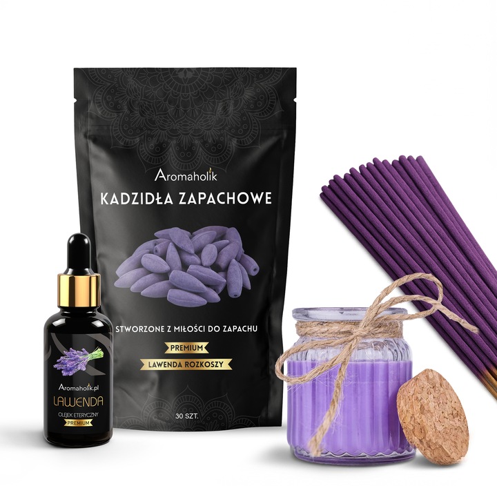 Levendula Aromaholik szett, 30ml illóolaj, 30db illatosító pálcika, szójagyertya, aromaterápia