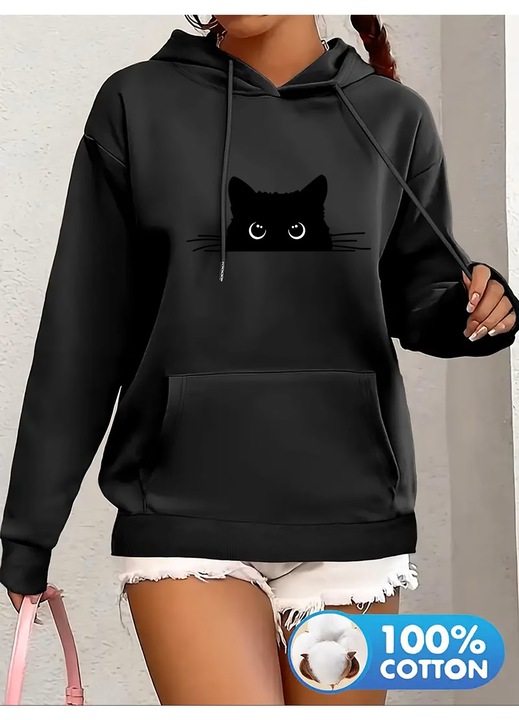 Hanorac dama Pisic Mustacios Curios, cu gluga si snur, de zi cu zi, confortabil, usor cambrat, Negru