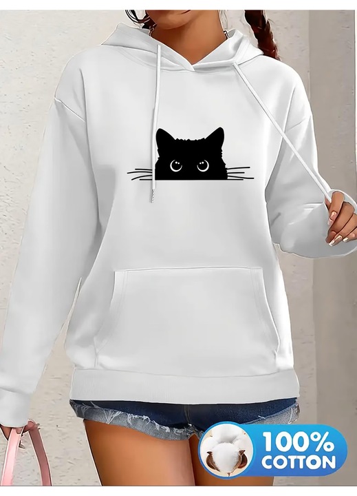 Hanorac dama Pisic Mustacios Curios, cu gluga si snur, de zi cu zi, confortabil, usor cambrat, Alb