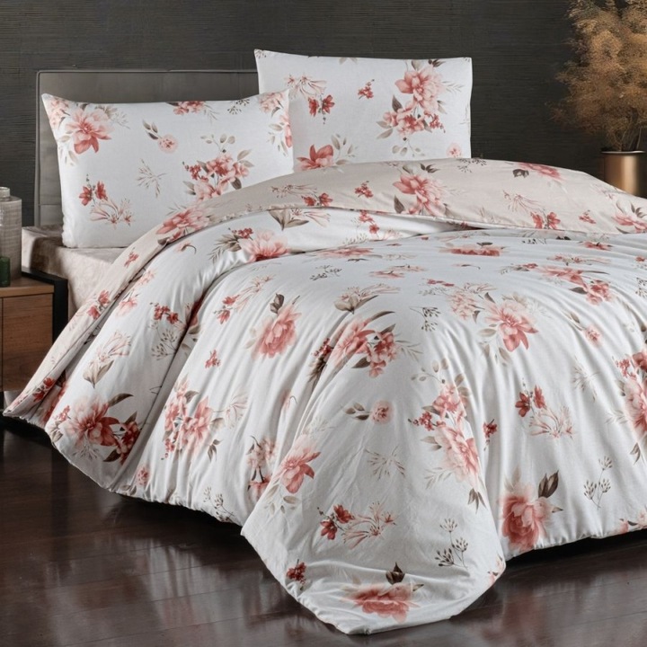 Kétszemélyes ágynemű, 100% pamut ranforce, lepedő 240x260 cm, 4 részes, First Choice, Eliza Mink virágokkal