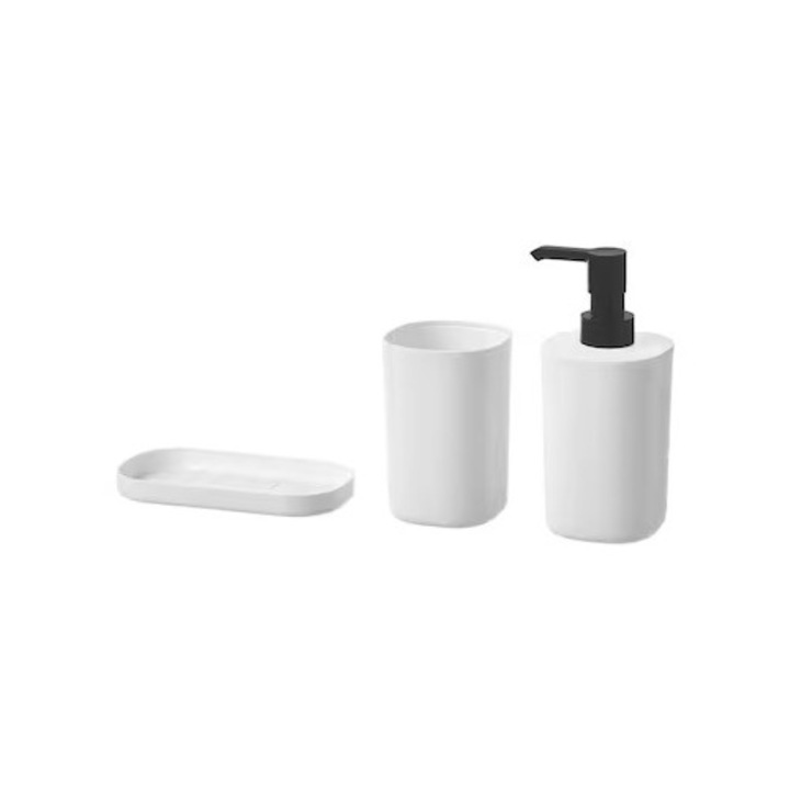 Set accesorii baie, 3 piese, din plastic, dozator sapun/tavita sapun/suport periute, design simplu, alb