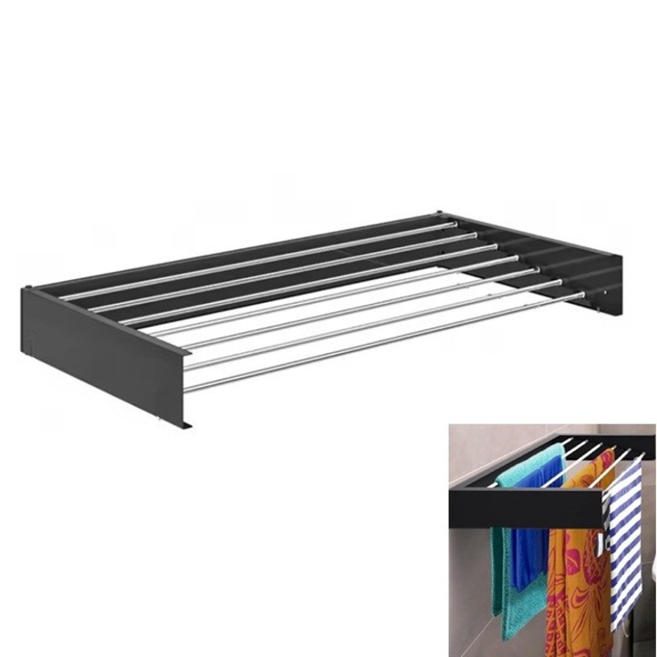 Сушилник за дрехи SIPEDO, Сгъваем, Стенен монтаж, Компактен и ергономичен дизайн, Капацитет на сушене 8.4м, 7 сушилни пръта, Товароносимост 35 кг, Метал, Боядисан електростатично, 120x60см, Черен