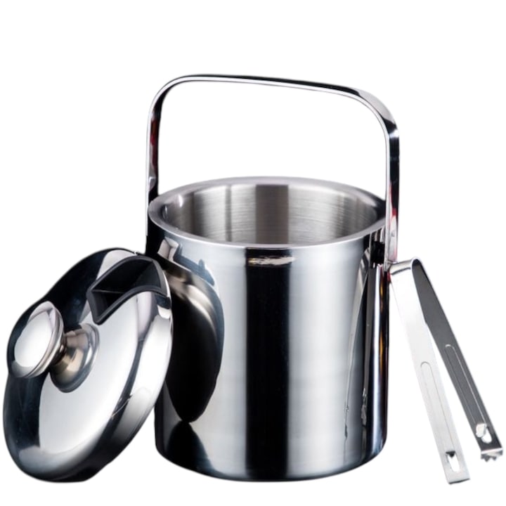 Frapiera pentru gheata 1.3 L Zibba Life inox cu perete dublu, cu cleste si sita incluse, recipient termoizolant pentru bar