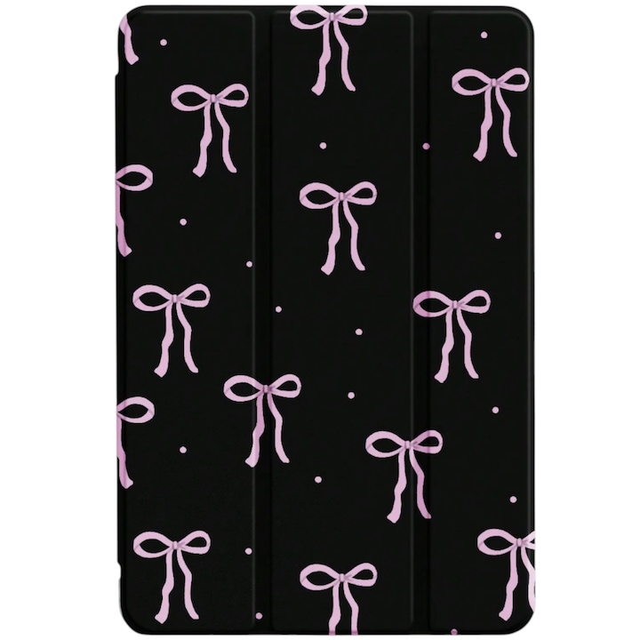 Husa pentru Ipad 7th 10.2 inch, negru cu fundite roz, cu suport pentru creion
