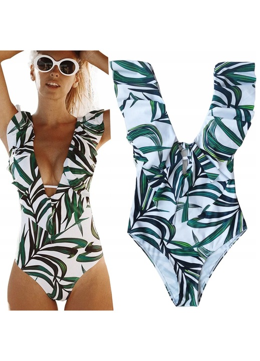 Costum De Baie, M, Decorat Cu Volane In Fata Si Pe Bretele, Pernele Detasabile, Croi Care Subtiaza, Decolteu Adanc, Frunze