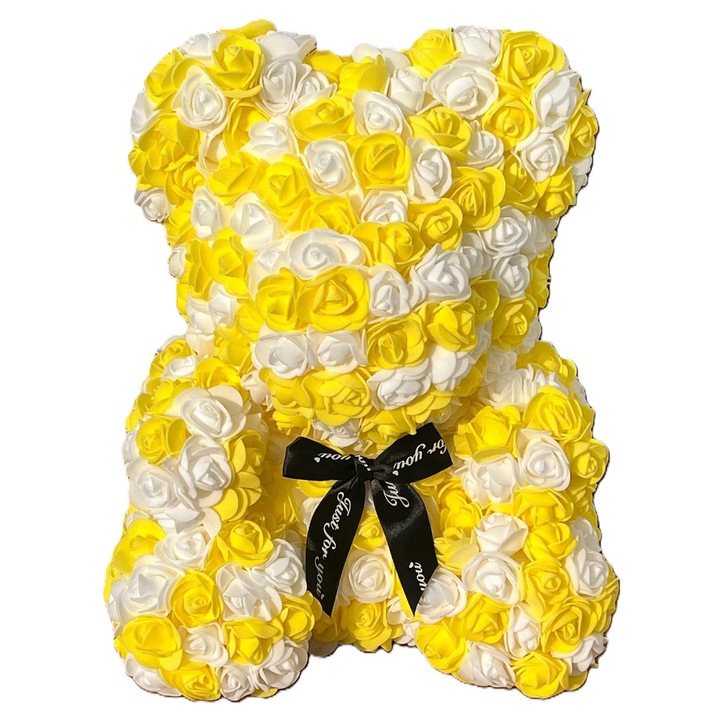 Ursulet din flori trandafiri, NICHITA IMPEX, 37 cm, Galben, Cutie transparenta