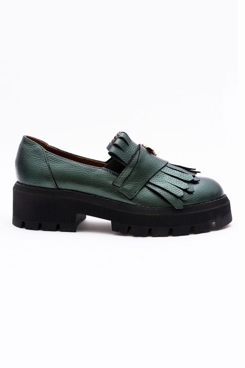 VAGAM, Pantofi loafer din piele cu canafi, Verde englez