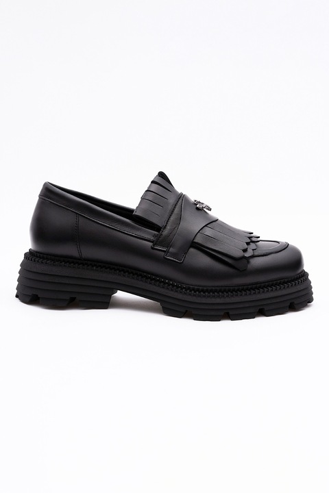 VAGAM, Pantofi loafer de piele cu toc masiv, Negru