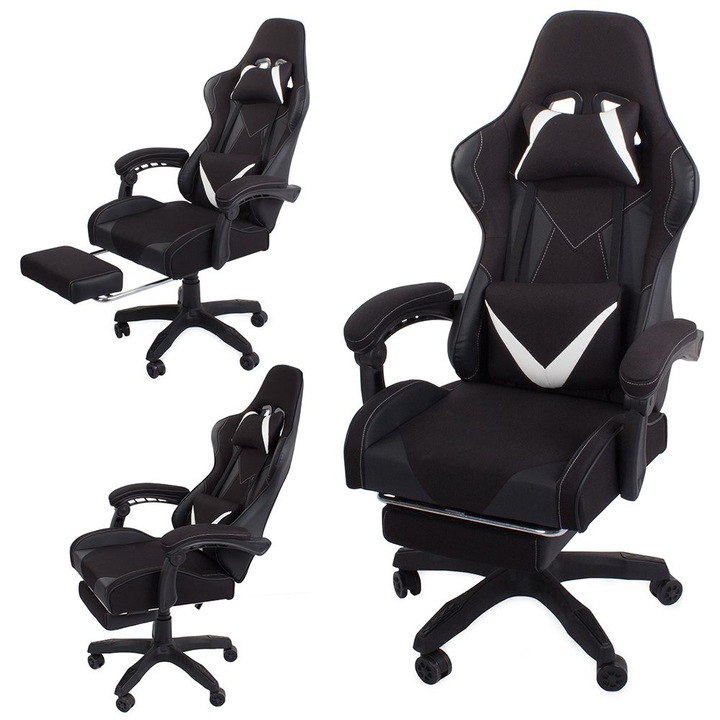 Scaun gaming rotativ, scaun de birou, cu suport pentru picioare, negru