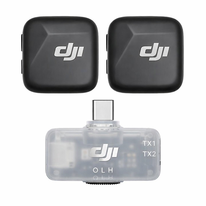 Set Microfoane DJI Mic Mini, 2 microfoane, 1 receptor, USB tip C pentru Android si iPhone 15+, Control volum pe 3 nivele, Anulare a zgomotului 3 Trepte, Transmisie 300 metri, 2 Sloturi de incarcare, Baterie 8h, Genta protectie textila