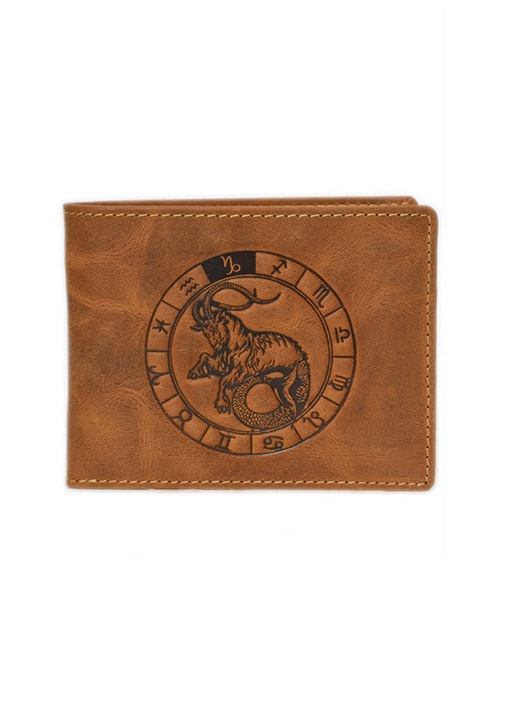 Portofel, Unisex, Greenburry, din piele naturala, "Vintage", 12x9cm, Сapricorn zodiac, Maro antichizat