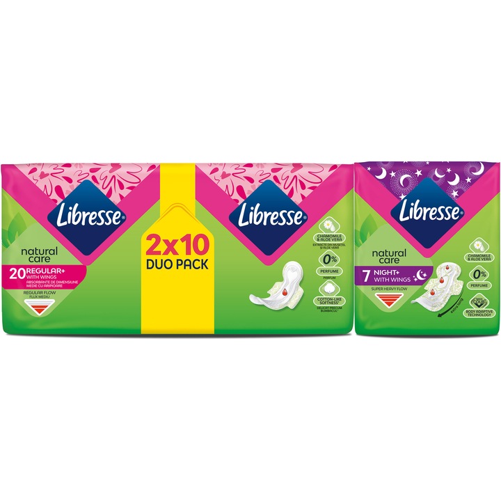 Дамски превръзки Libresse Natural Care Duo, 20 броя + Дамски превръзки Libresse Natural Care Night, 7 броя