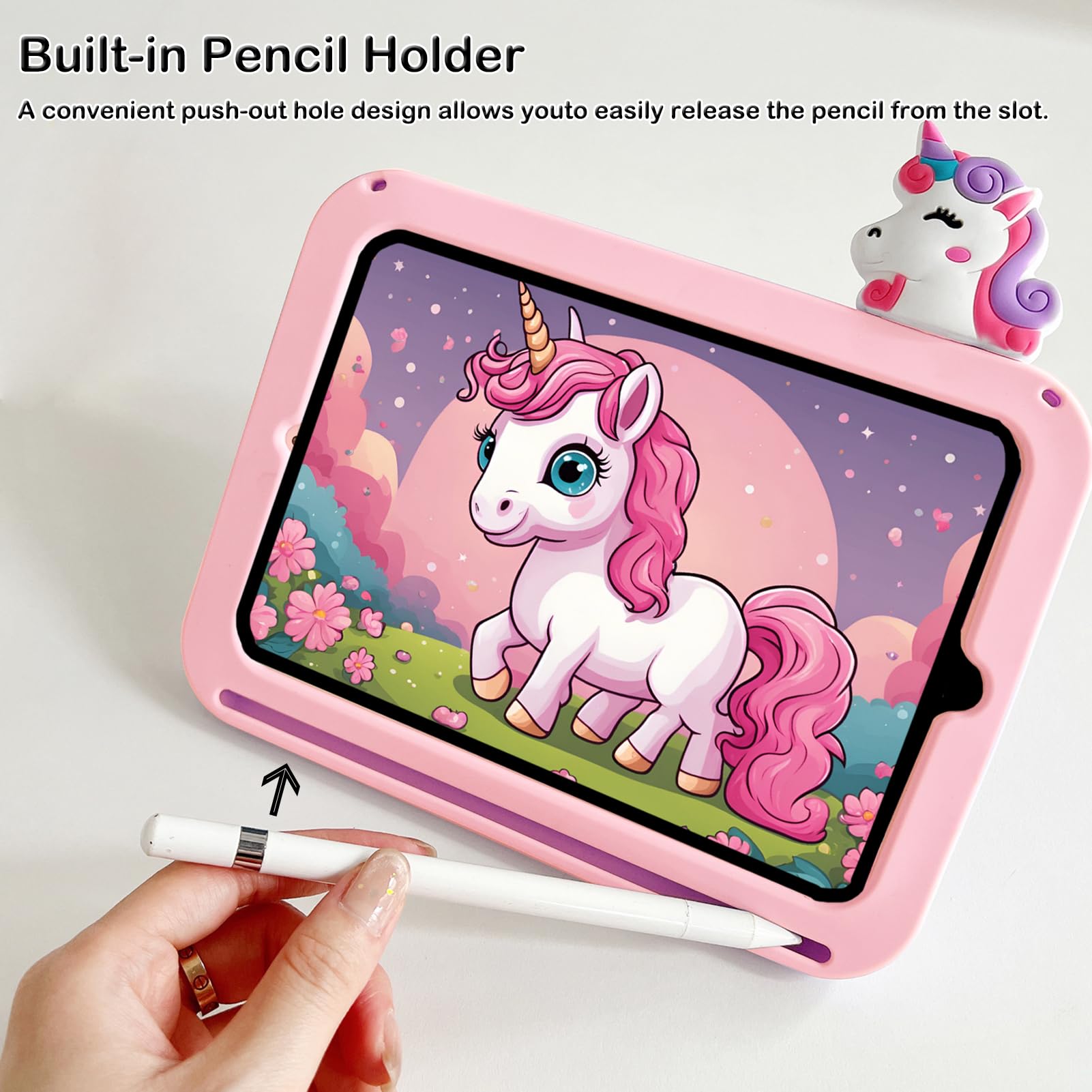Husa EspZanthic pentru iPad Air 11 2024 M2, Suport Rotativ 360°, Suport Pencil, Curea Umar, Model Unicorn, Culoare Roz