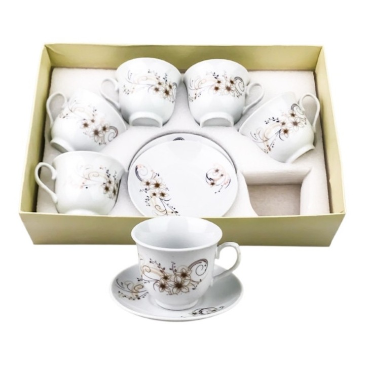Set din ceramica, format din 6 cesti si 6 farfurii cu flori 37x24 cm