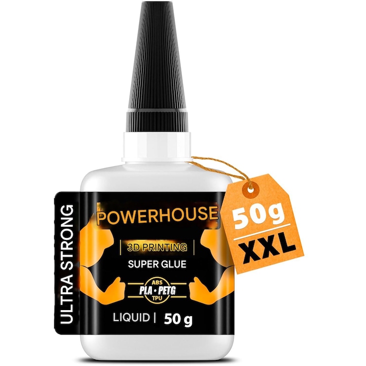 Lipici Super Glue lichid extra puternic Kraftprotz pentru imprimare 3D – 50 g, XXL, transparent, rezistent la caldura si impermeabil, varf anti-uscare, compatibil cu PLA, ABS, PETG, TPU si accesorii 3D