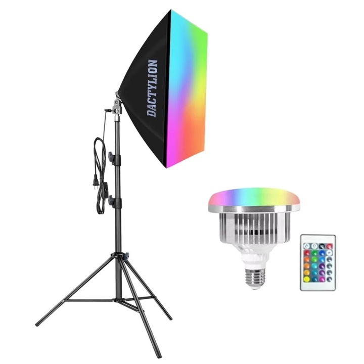 Kit iluminare foto video, Dactylion, 1 softbox, LED RGB 50W E27, stativ reglabil 200cm, telecomandă inclusă