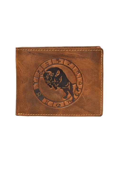 Portofel, Unisex, Greenburry, din piele naturala, "Vintage", 12x9cm, Taur zodiac, Maro antichizat