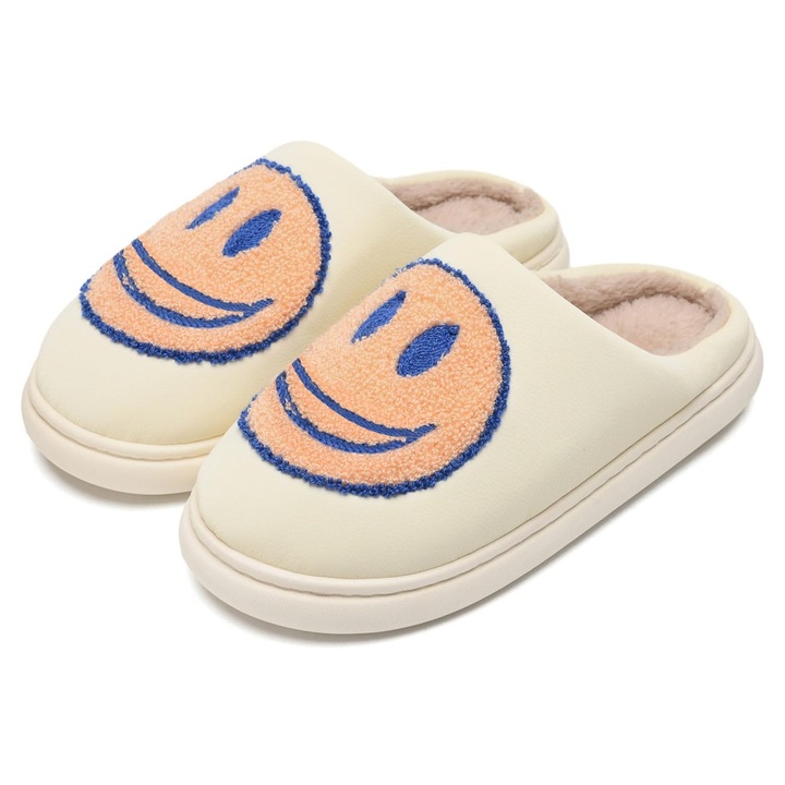 Papuci de casa unisex MAXVINCI, interior plush moale, model smiley face retro, alb cu galben si albastru, Alb