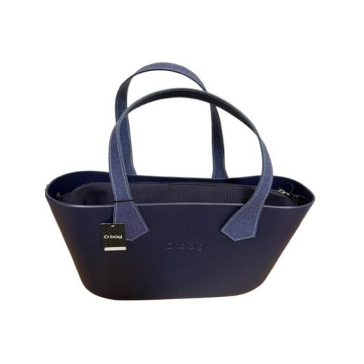 O bag sötétkék válltáska, poliuretán, vászon belső cipzárral, hosszú fogantyúk