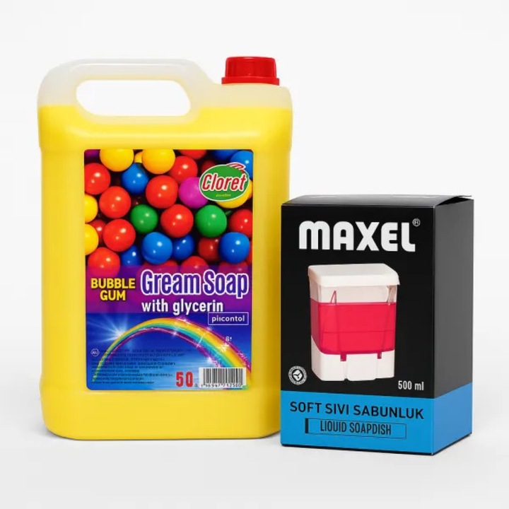 Set Sapun Lichid Cloret Bubble Gum 5L + Dozator Maxel 500ml, crema hidratanta, parfum intens