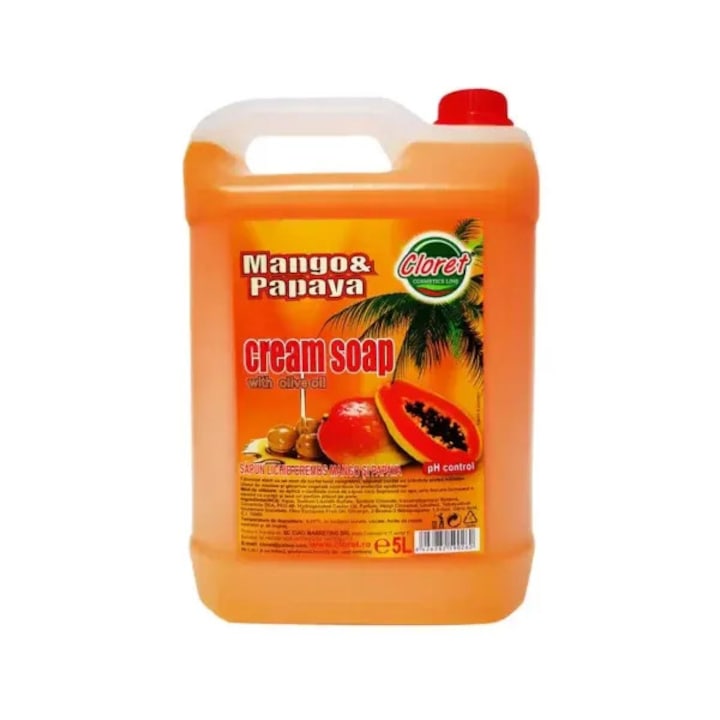 Săpun Lichid Crema Cloret Mango & Papaya, 5L, ulei de măsline, ambalaj economic