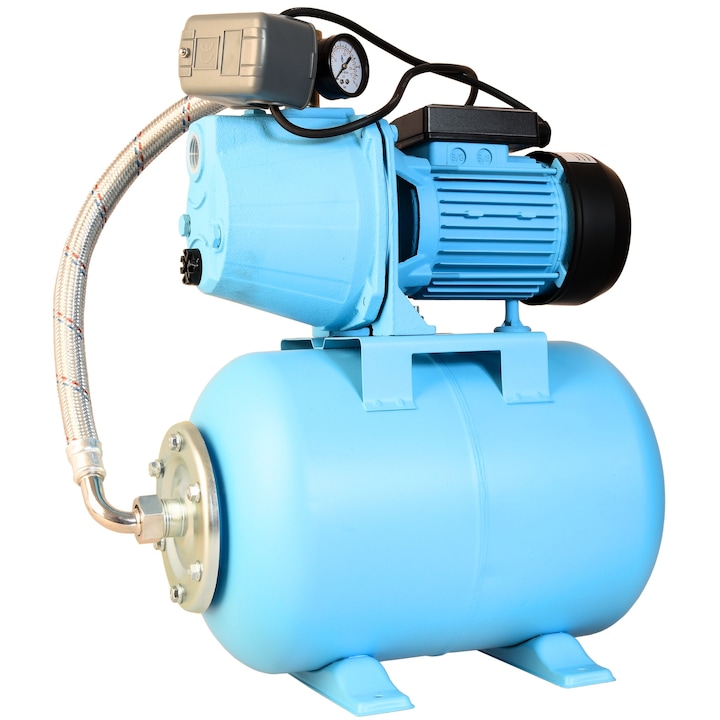 Hidrofor 24L de mare randament SET 100, ALUVRA, pompa de suprafata din fonta, putere 1100 W, debit 3600 l/h, rezervor 24 L cu membrana EPDM, 5 bar, inaltime refulare 50 m, adancime absorbtie 8 m, Albastru