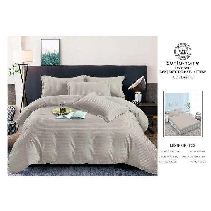 Damaszkuszi ágynemű, Sonia-home, 100% pamut, 4 részes, egyszínű, 140x200cm+25cm, 160x200cm, 2 párnahuzat 47x70cm