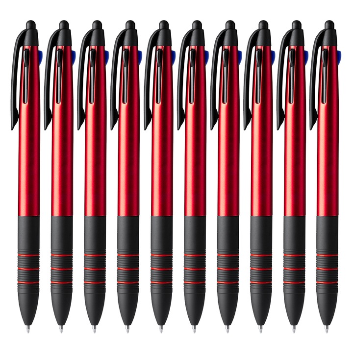 Set de 10 pixuri retractabile Sandur, corp din abs, trei mine, finisaje negre, buton touch screen, rosu