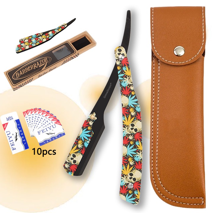 Brici profesional pentru ras, Omelivon, lama din otel inoxidabil, set cu 10 lame, etui de piele