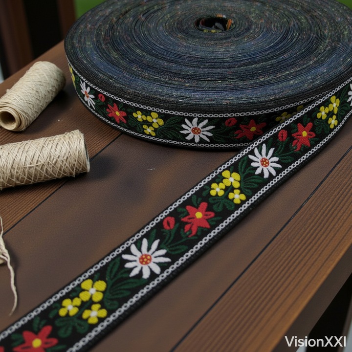 Rola Panglica Textila, Vision XXI, "Floare de Colt", negru, 16mm, 25m