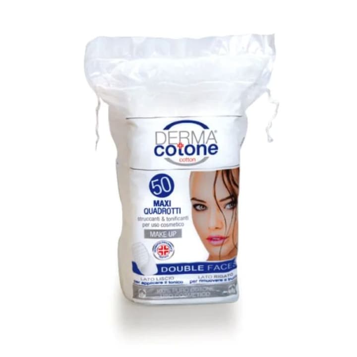 Dischete demachiante patrate Dermacotone 50 buc, din bumbac 100%, pentru ten sensibil, format maxi