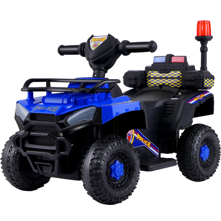 ATV de jucarie, Homeone Gourouna Astynomia, 6V, cu muzică, albastru, dimensiuni 68x39x28cm, pentru copii 1-5 ani, greutate maximă 25kg