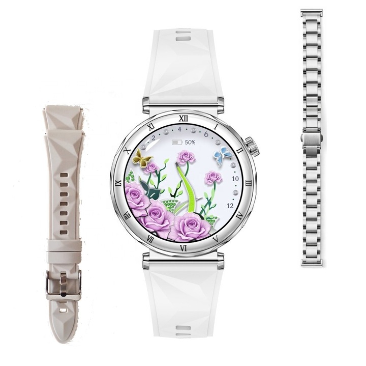 Smartwatch GBV LOGIC AM20, argintiu, ecran AMOLED, rezolutie 390x390, moduri sportive, ecran de 30 mm,, ritm cardiac, saturatie de oxigen, tensiune arteriala, 3 curele cu latime de 18mm, aplicatie FitCloudPro