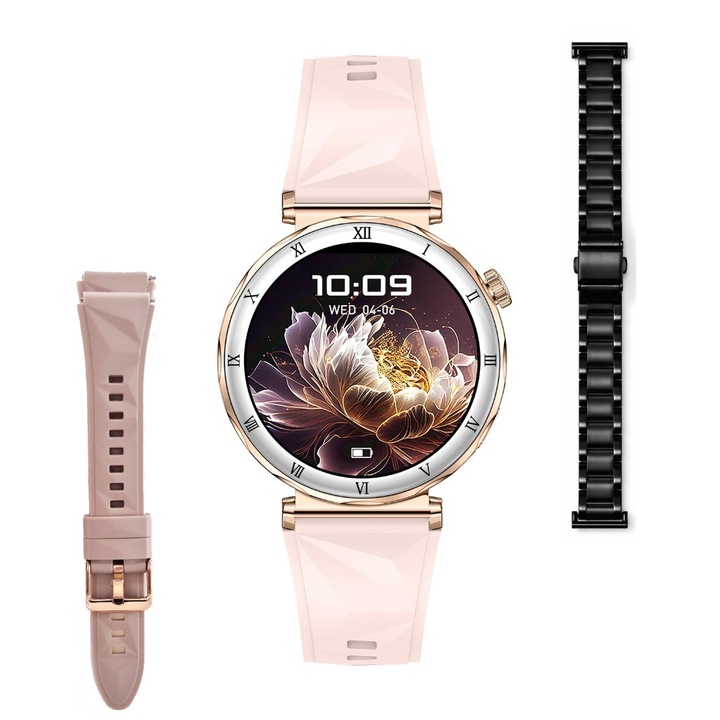 Smartwatch GBV LOGIC AM20, auriu, ecran AMOLED, rezolutie 390x390, moduri sportive, ecran de 30 mm, saturatie de oxigen, tensiune arteriala, calitatea somnului, 3 curele cu latime de 18mm, aplicatie FitCloudPro