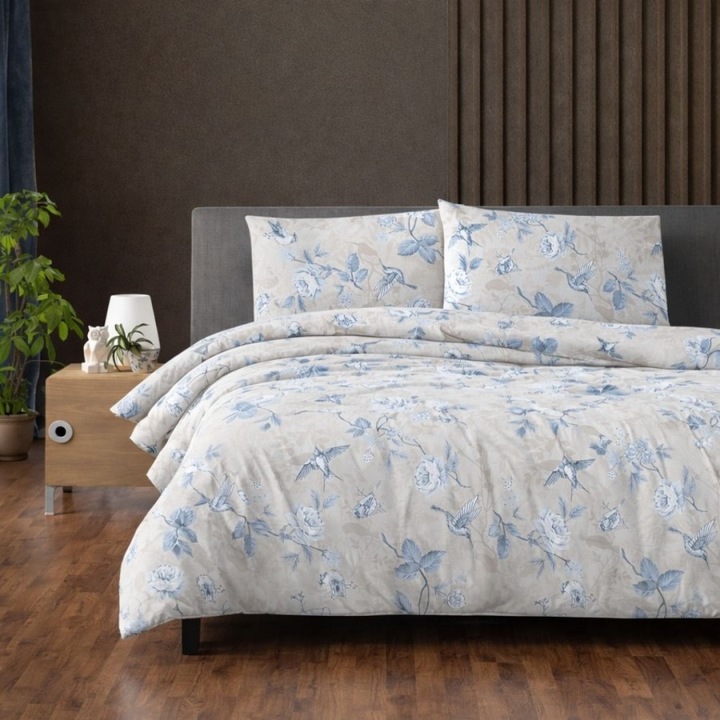 Dupla ágynemű, 100% pamut ranforce, lepedő 240x260 cm, 4 részes, First Choice, Ibiza Bézs virágokkal és madarakkal