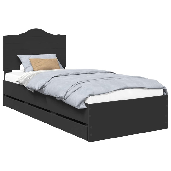 Cadru de pat vidaXL, Negru, 100x200 cm, cu sertare, Lemn ingineresc