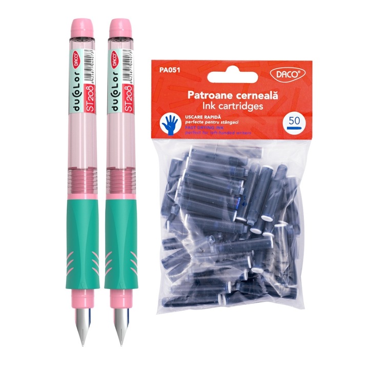 Set 2 stilouri Daco Duo Color + 50 rezerve cerneala, Grip ambidextru reglabil, Roz