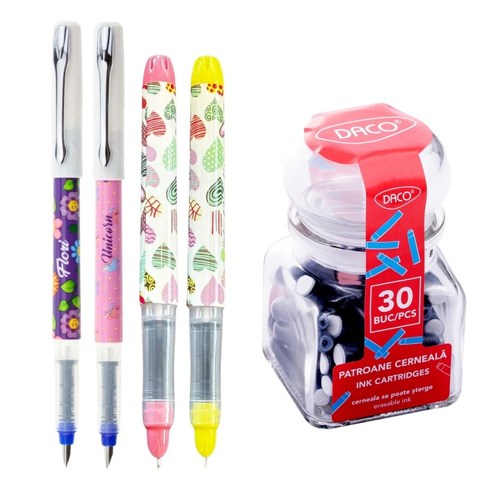 Set 4 stilouri Ecada cu penita ascunsa + 30 rezerve cerneala albastra, Motiv magic fantasy